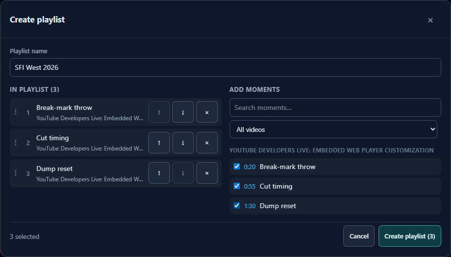 Create playlist modal with name and moments selected